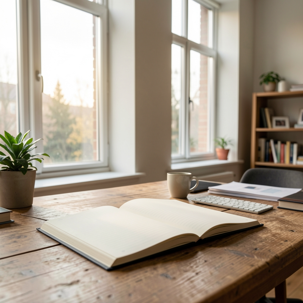 Editorial portrait of a nutrition writer at a bright desk surrounded by open reference books, a green plant and morning light coming through tall windows