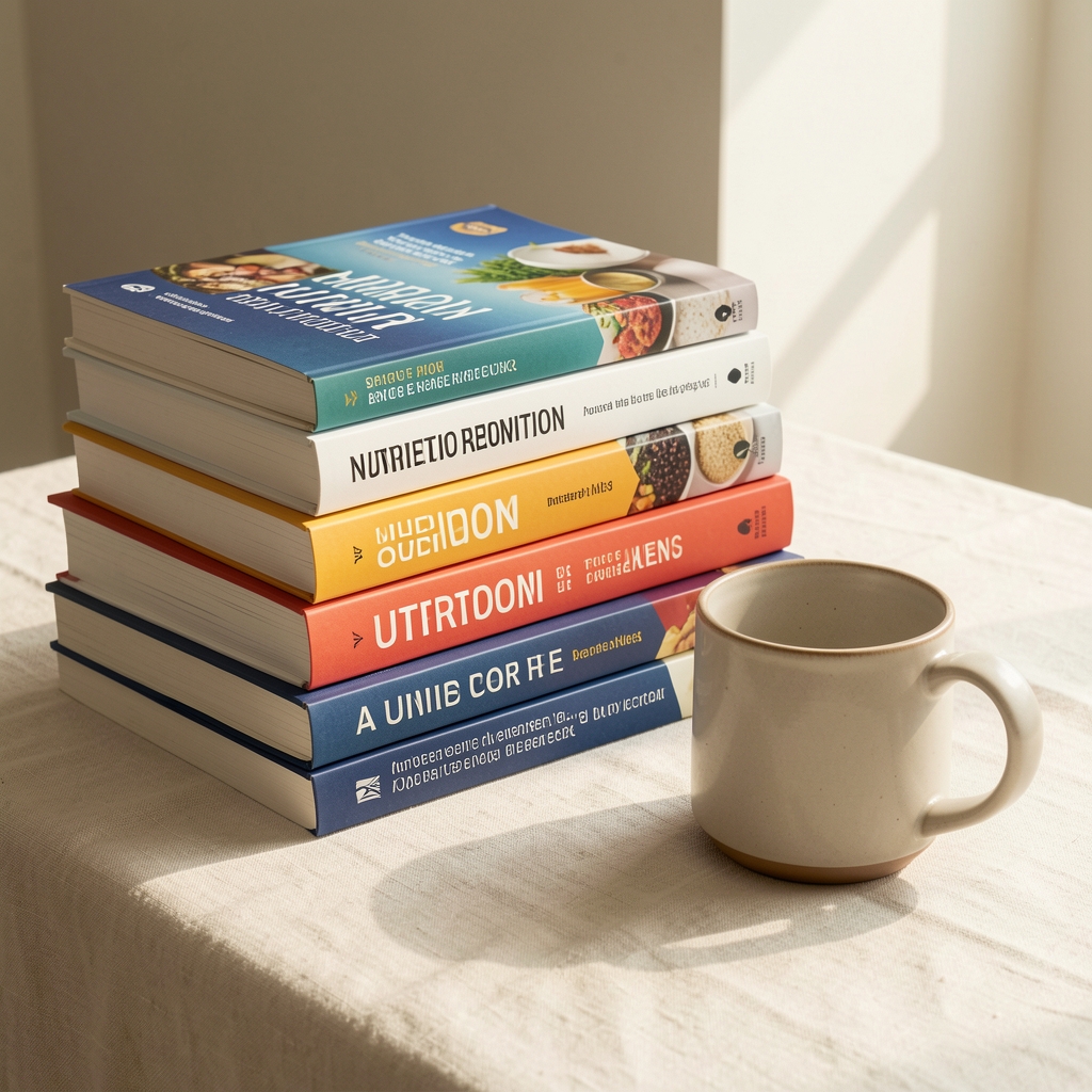 Stack of nutrition reference books and a ceramic mug on a pale cream linen surface in soft afternoon light