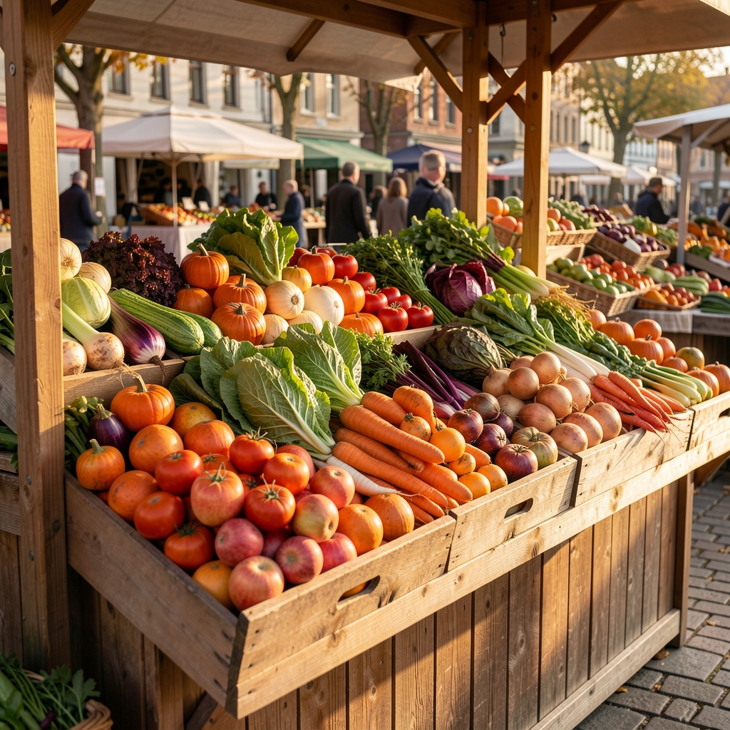 Colourful seasonal produce arranged on a wooden market stall in warm morning light, autumn vegetables and leafy greens displayed with care