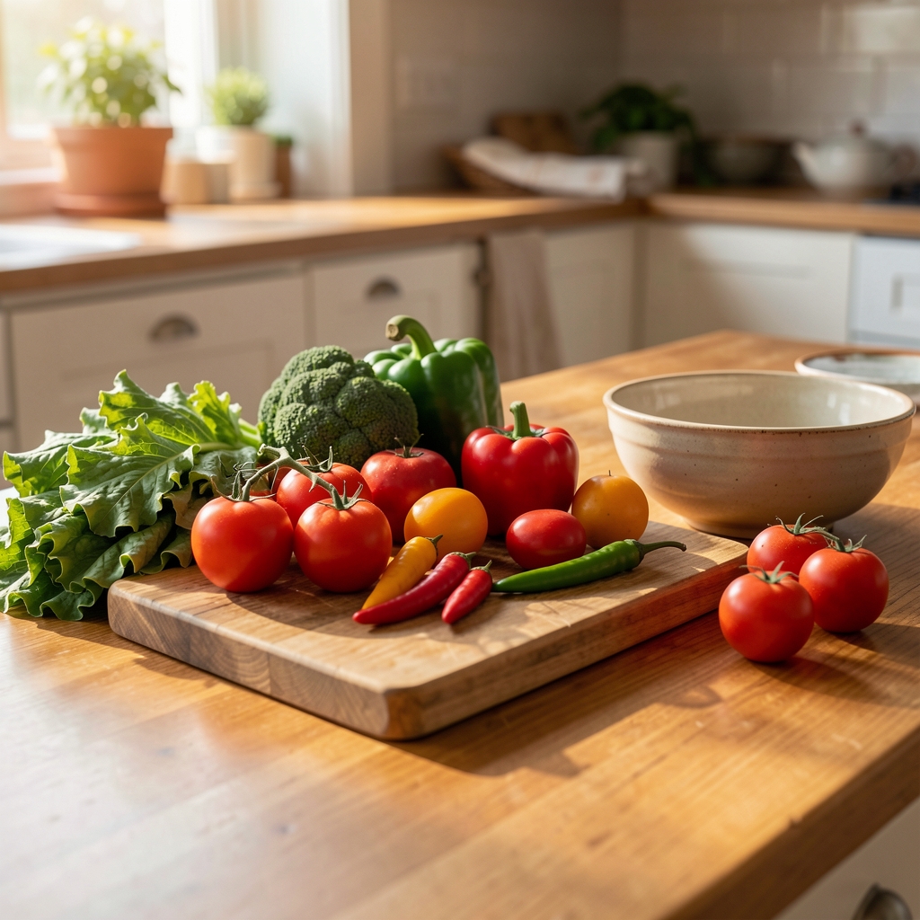 Warm kitchen countertop with fresh seasonal vegetables arranged in natural morning light, wooden chopping board and ceramic bowl visible