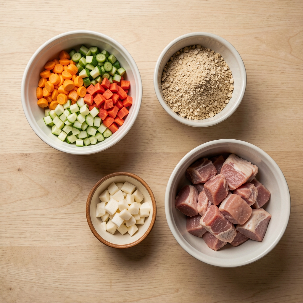 Overhead view of a meal preparation workspace — chopped vegetables, a grain base, and protein source arranged in separate bowls ready for assembly